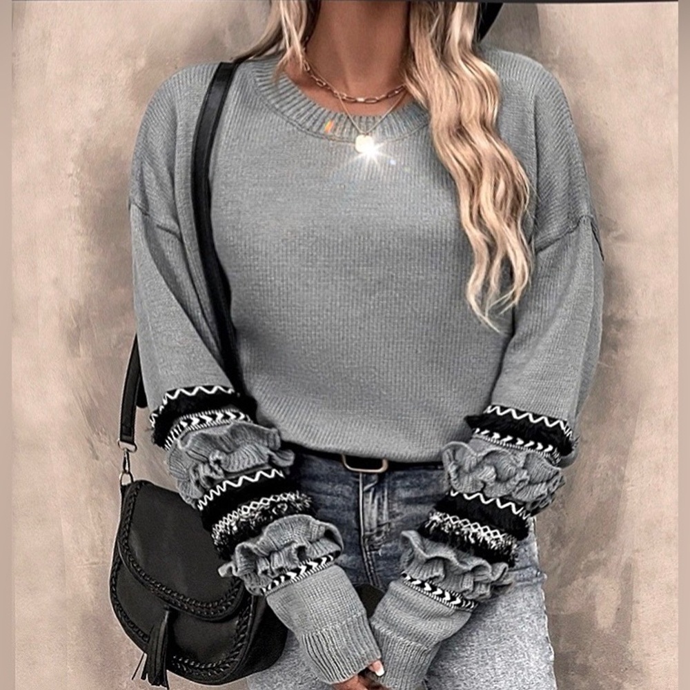 Gray Fall Frill Trim Long Sleeved Sweater